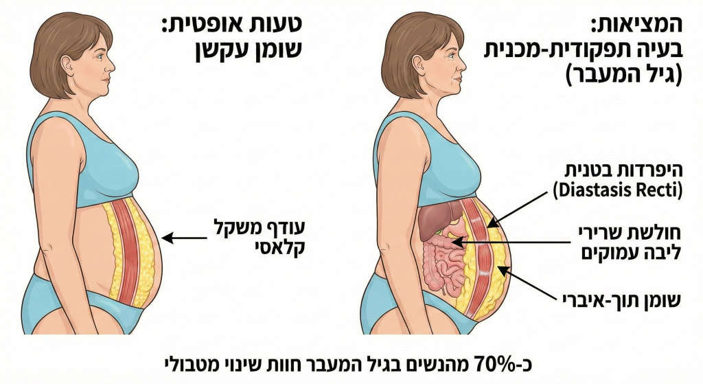 היפרדות בטנית — השוואה בין שומן אופטי לבעיה תפקודית-מכנית: Diastasis Recti, חולשת שרירי ליבה