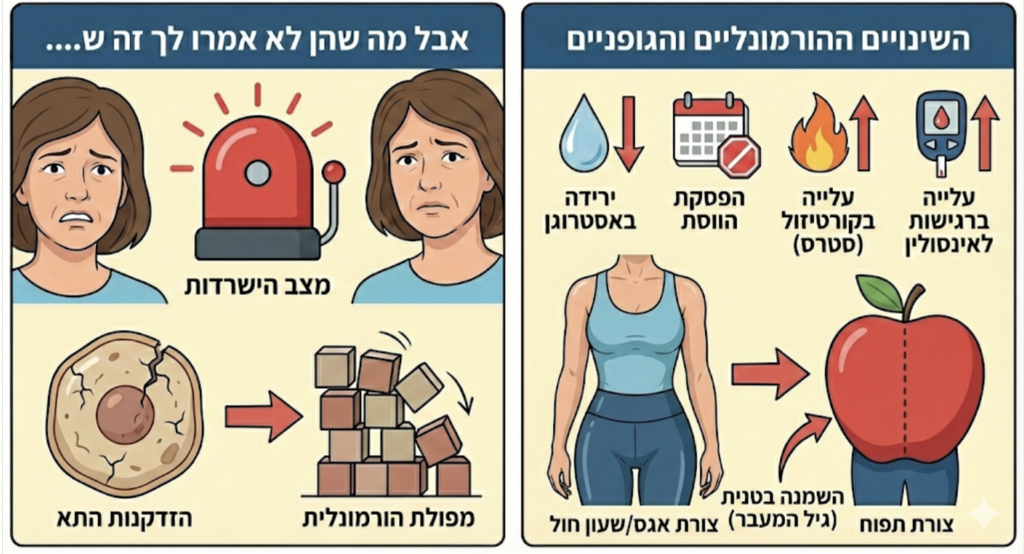 השינויים ההורמונליים בגיל המעבר — ירידה באסטרוגן ועלייה בשומן הבטני