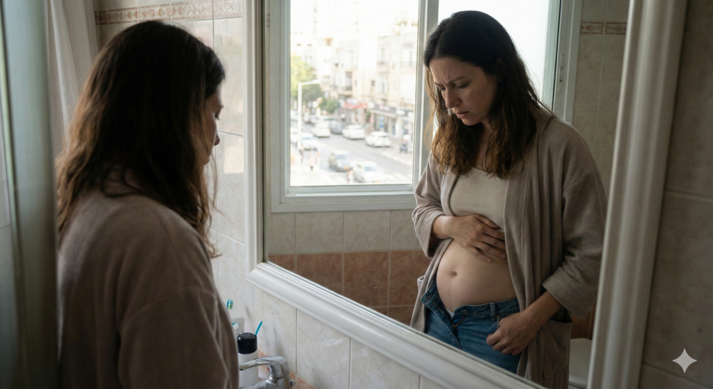 אישה מסתכלת על בטן בולטת במראה אחרי לידה — היפרדות בטנית
