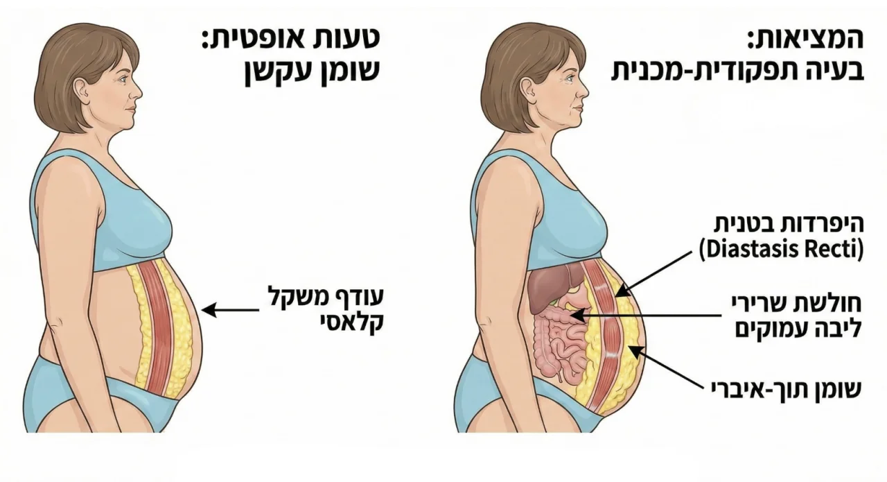 טעות אופטית: שומן עקשן מול האמת — היפרדות בטנית וחולשת שרירי ליבה