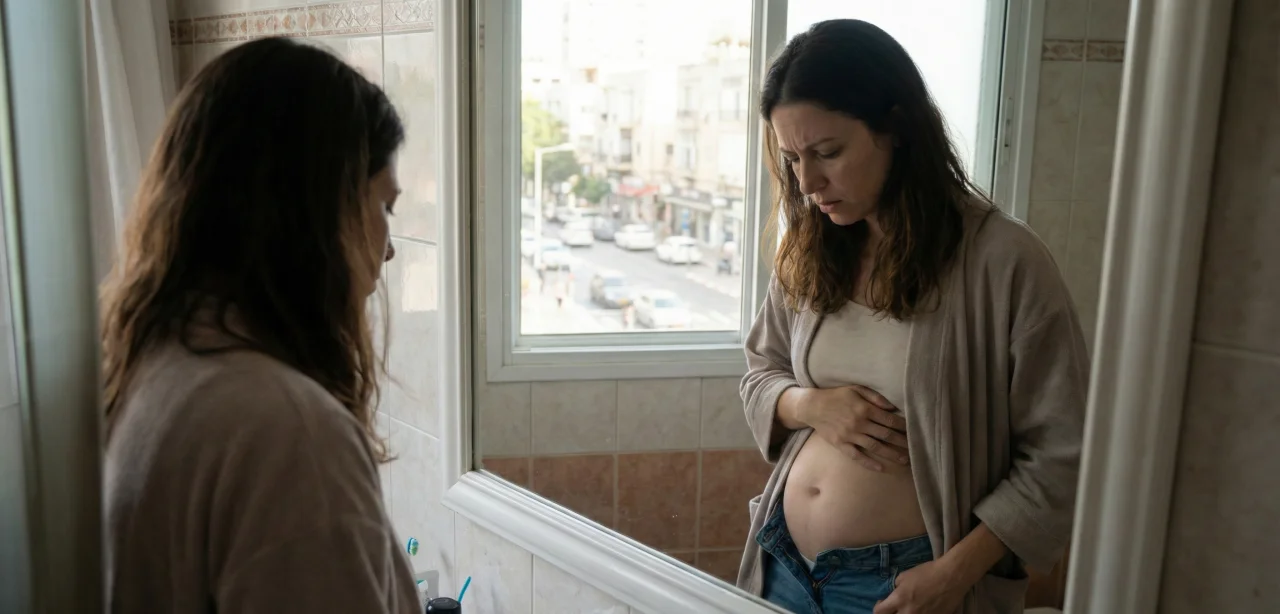 אישה ישראלית מול המראה בבוקר — הרגע של הפאוץ' הבטני