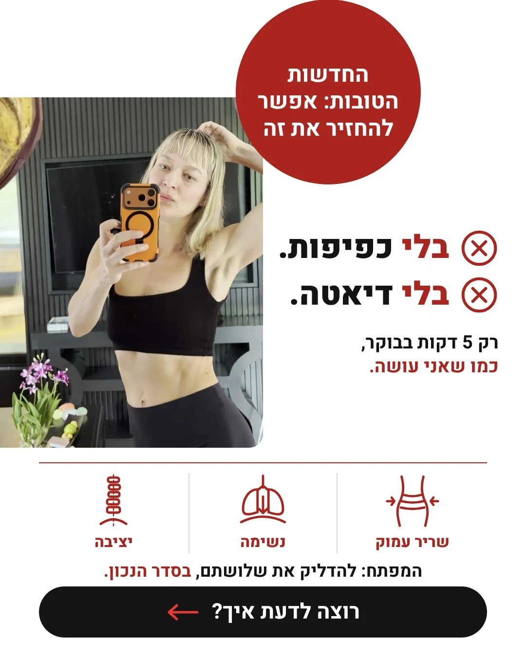 שלושת הרכיבים בסדר הנכון: יציבה, נשימה ושריר עמוק, חמש דקות בבוקר